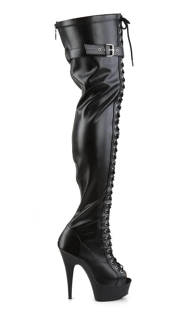 DELIGHT-3025 Black Vegan Leather Thigh High Boots