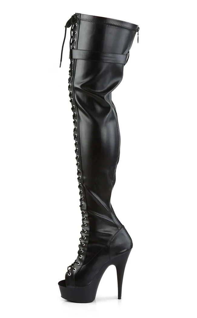DELIGHT-3025 Black Vegan Leather Thigh High Boots