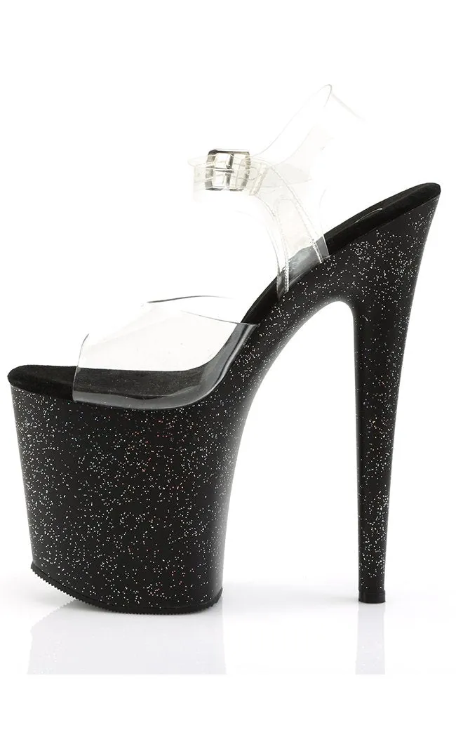 FLAMINGO-808MG Clear & Black Glitter Platform Heels