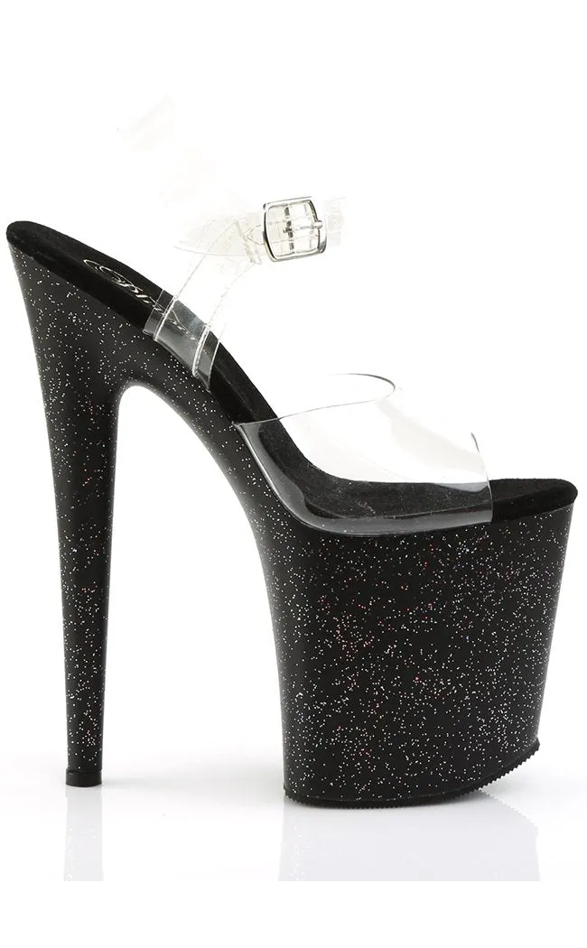 FLAMINGO-808MG Clear & Black Glitter Platform Heels