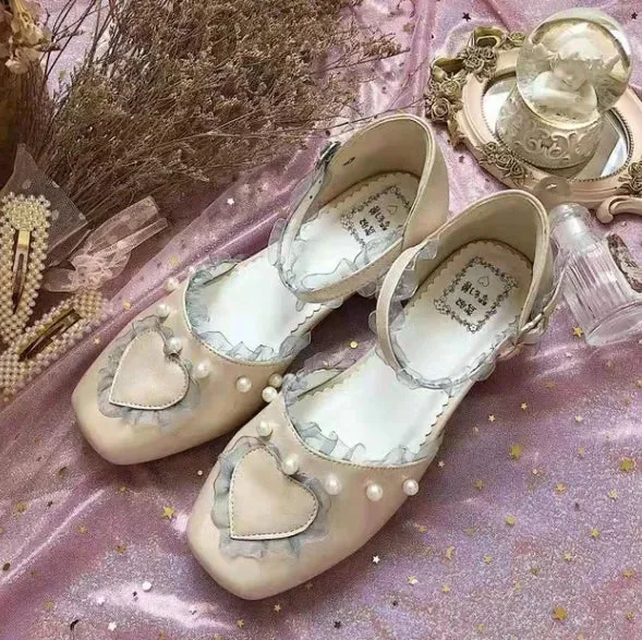 Sohiwoo vintage square head flat women shoes cute lace pearl kawaii shoes loli cosplay Sweet princess lolita shoes