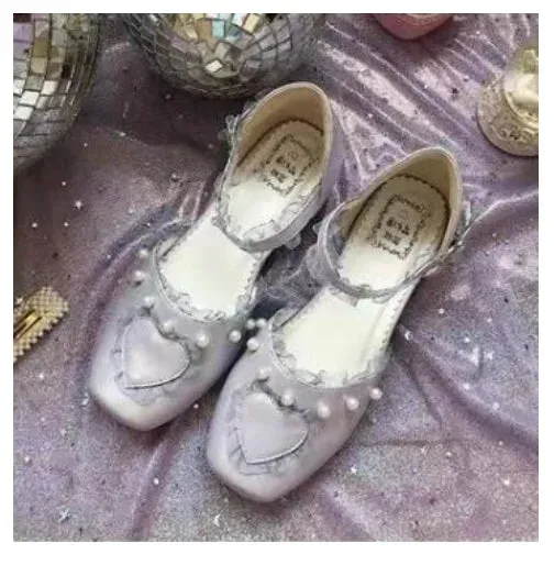 Sohiwoo vintage square head flat women shoes cute lace pearl kawaii shoes loli cosplay Sweet princess lolita shoes